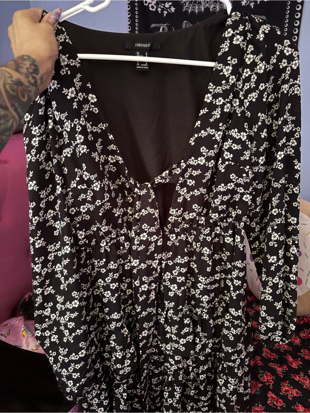 Forever 21 Black Floral Long-Sleeve Tiered romper dress